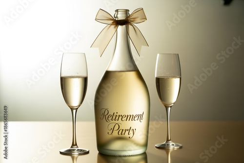 Champagne bottle with 'Retirement Party' label and two glasses