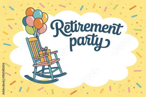 Vibrant retirement party invitation with colorful balloons and gifts
