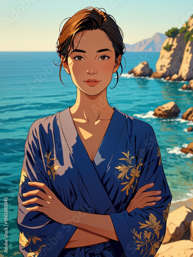 A captivating woman in a blue kimono with golden patterns stands serenely by the ocean