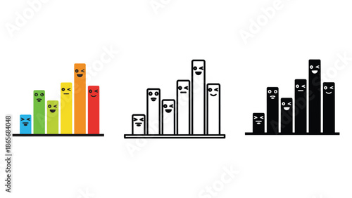 Whimsical bar charts with happy faces show growth and data analysis