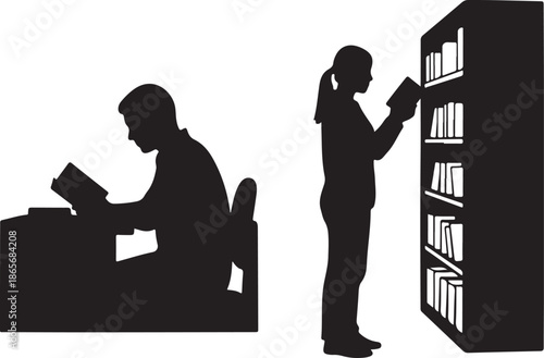 Silhouettes of people reading books in library or study area