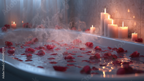 Romantic candlelit bathtub filled with water rose petals and gentle steam creating a calm luxurious spa mood indoors