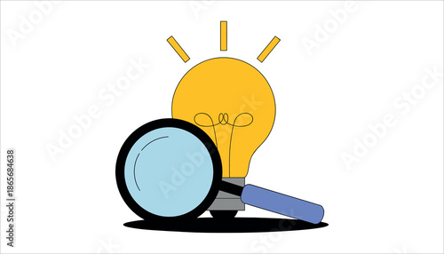 Magnifying glass and yellow light bulb with rays on white background 