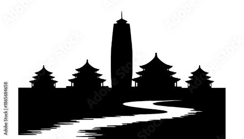 A serene silhouette of ancient Chinese temples and pagodas against a white background
