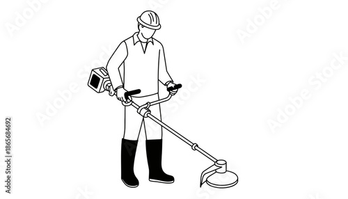 A man in a hard hat using a brush cutter in silhouette mode