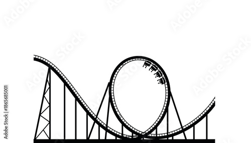 A roller coaster with cars on a track in a fun silhouette mode