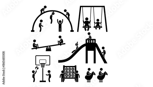 A group of children playing on various playground equipment in silhouette mode