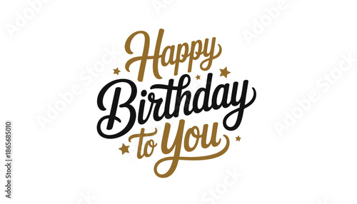 A happy birthday message written in elegant black and gold calligraphy letters silhouette