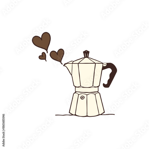 Italian moka pot illustration with heart shaped steam in vintage retro style