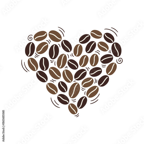 Coffee beans arranged in a heart shape illustration with retro aesthetic vibes