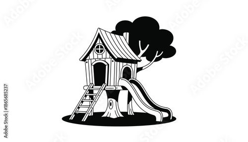 A child's playhouse with a slide and tree silhouette in a peaceful outdoor setting