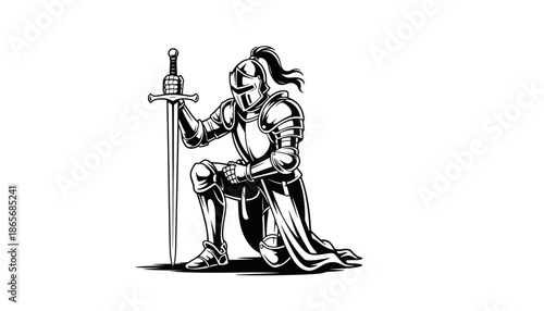 A knight kneels in prayer with his sword standing beside him in silhouette