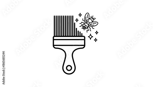 A simple black and white illustration of a paintbrush with a bee and sparkles silhouette