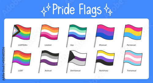 Vector pack of 10 cute LGBT pride flags including gay, lesbian, bisexual, pansexual, asexual, demisexual, non-binary, and trans for Pride Month
