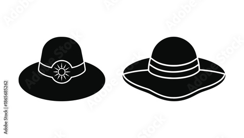 Two black silhouette wide-brimmed hats are displayed against a white background.