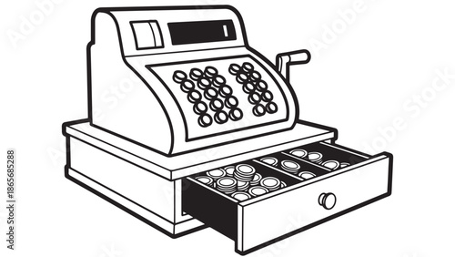 Simple black line drawing vector illustration of a vintage cash register with coins symbolizing retail transactions and business accounting on white background