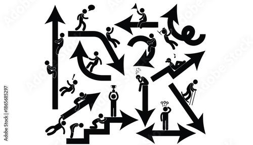 A complex illustration of people navigating through a maze of arrows and directions in confusion silhouette