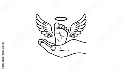 A delicate hand cradles a baby's foot with angel wings and a halo silhouette