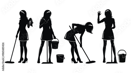 Four silhouettes of a woman performing cleaning tasks with mops and buckets.
