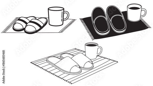 Simple black vector minimalist illustration set of a pair of cozy slippers and a hot mug on a rug representing home comfort and relaxation on white background