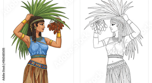 Elegant Ancient Egyptian Woman Holding Sacred Palm Branch Branches Cultural History Illustration