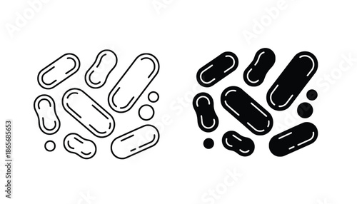 A black and white illustration of various pill shapes on a plain background silhouette
