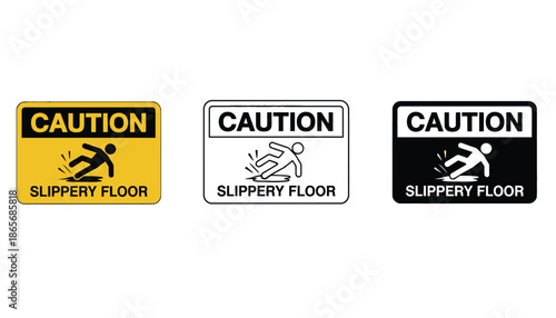 Three caution signs warning of a slippery floor in different colors and designs