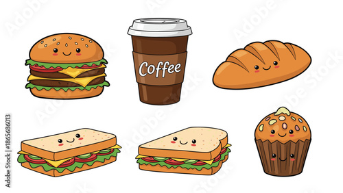 Adorable set of six kawaii food and drink characters with cute smiling faces, including a hamburger, coffee, bread, sandwiches, and a muffin.