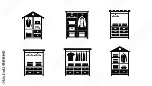 Six different styles of open wardrobes are displayed in a grid.