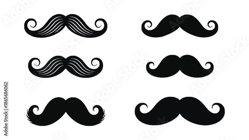 A collection of six different black mustache illustrations on a white background.
