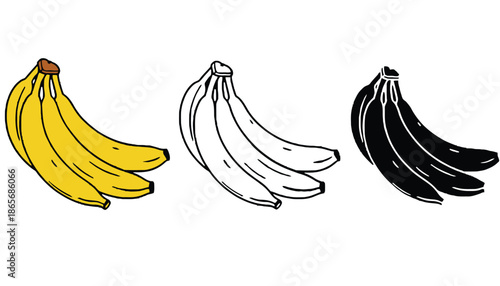 A colorful illustration of three bunches of bananas in different shades and styles silhouette