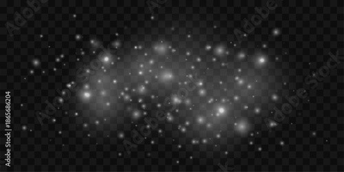 Soft white glitter dust glows with bokeh and gentle blur. Sparkling particles, sparks, and radiant highlights add festive magic. Holiday png vector illustration. 