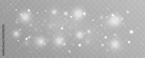 Silver festive dust sparkles across glowing bokeh backgrounds. Shimmering particles, sparks, and luminous highlights create elegant holiday light. White png vector illustration.