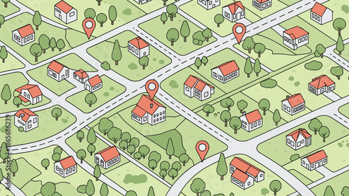 Isometric cartoon map of a suburban neighborhood with houses, streets, green lawns, and trees, marked with several red location pins.