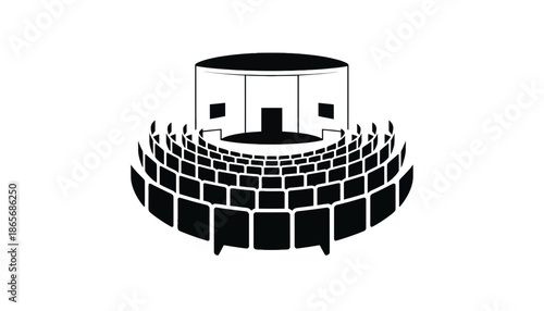 A minimalist illustration of a circular theater with a silhouette of audience members