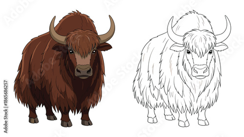 A detailed illustration of a large, furry brown yak shown in a full-color version and a corresponding black and white outline for coloring.