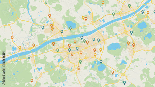 A top-down view of a city map showing roads, rivers, and green areas, populated with numerous location pins for navigation or data visualization.