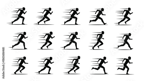 Sprite sheet or animation sequence showing the keyframes of a running man in silhouette, illustrating motion, speed, and athletic activity.