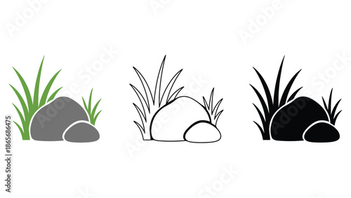 Simple stylized depiction of rocks and grass in three variations: color, outline, and silhouette.