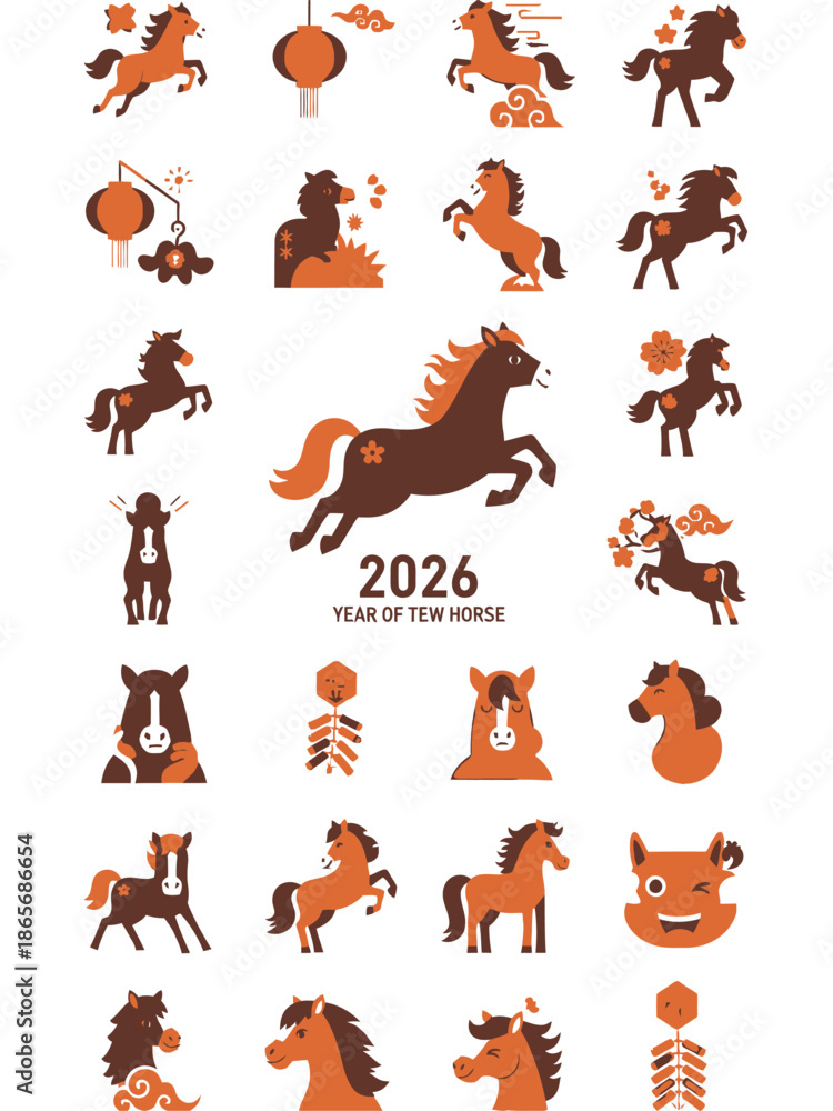 Fototapeta premium Collection of Stylized Horse Illustrations for Chinese New Year 2026.