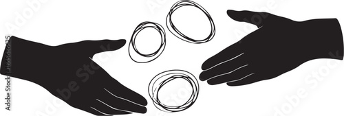 Hands releasing rings into the air in a minimalist style