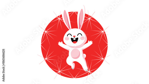 A joyful and energetic white rabbit leaps with excitement inside a vibrant red circle with sparkling star highlights, conveying pure happiness.