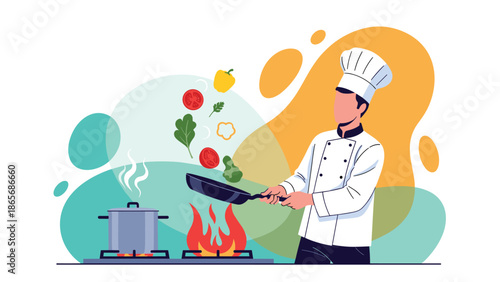 A professional male chef in uniform skillfully tosses fresh vegetables in a frying pan over a flaming stove, showcasing culinary expertise.