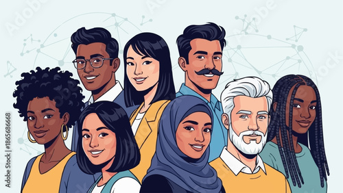 Diverse group of people smiling together in a studio portrait.