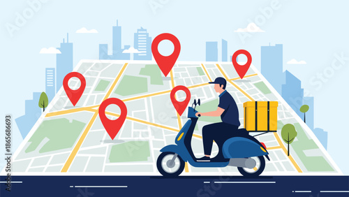 Food delivery service concept with a courier riding a scooter on a large city map marked with multiple red location pins for fast delivery.