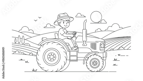 A fun coloring page for children featuring a happy boy in a hat driving a large tractor through rolling farm fields under a bright sun.