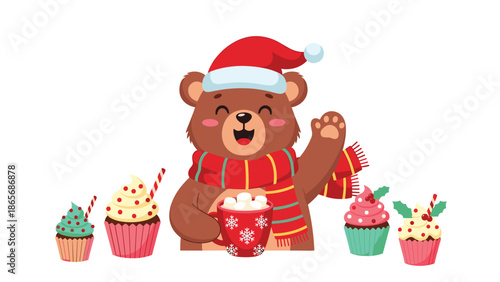 A cheerful Christmas bear wearing a Santa hat and scarf waves happily while holding a mug of hot cocoa, surrounded by festive cupcakes.