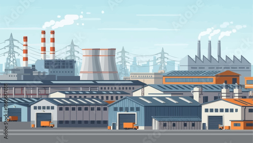 Industrial factory complex with smoking chimneys and power lines.