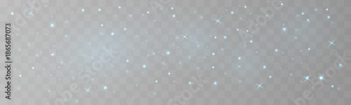 Soft blue dust sparkles with glitter, sparks, shimmer across glowing bokeh blur. Twinkling particles, highlights, luminous flare create festive Christmas, New Year magic. PNG vector illustration.