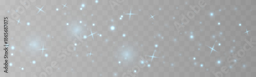 Soft blue dust sparkles with glitter, sparks, shimmer across glowing bokeh blur. Twinkling particles, highlights, luminous flare create festive Christmas, New Year magic. PNG vector illustration.